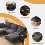 Karl Home | Divano moderno a forma di U in ciniglia con braccioli quadrati da 100 pollici L in grigio con contenitore laterale