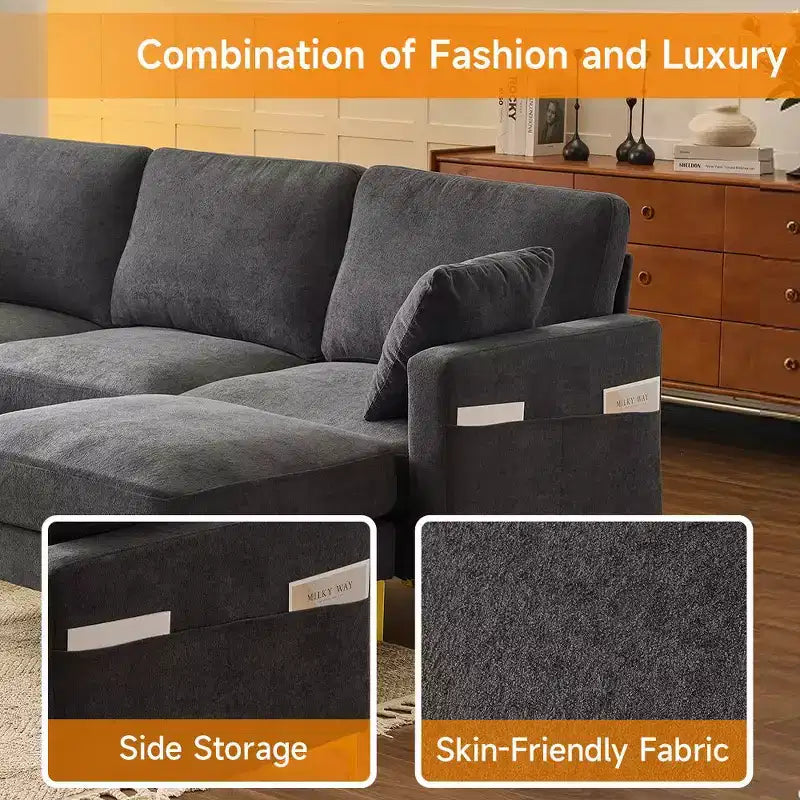 Karl Home | Divano moderno a forma di U in ciniglia con braccioli quadrati da 100 pollici L in grigio con contenitore laterale