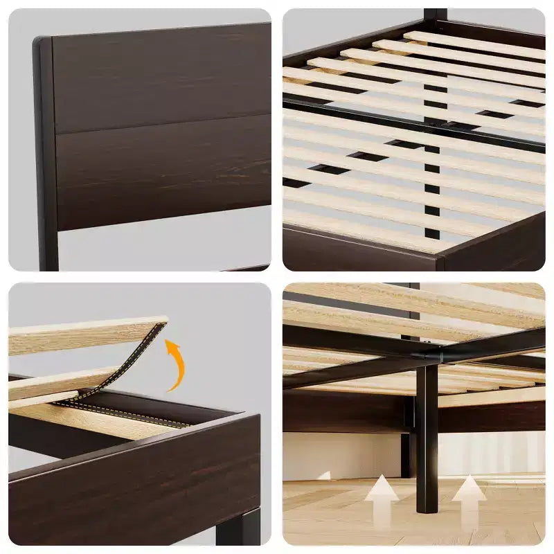 Dyonery Letto Matrimoniale/King in Legno Massello, Piattaforma Letto Rustica con Testiera da 127 cm, Supporto a Doghe in Legno/Senza Rumore/Nessuna Molla Necessaria/Marrone Scuro