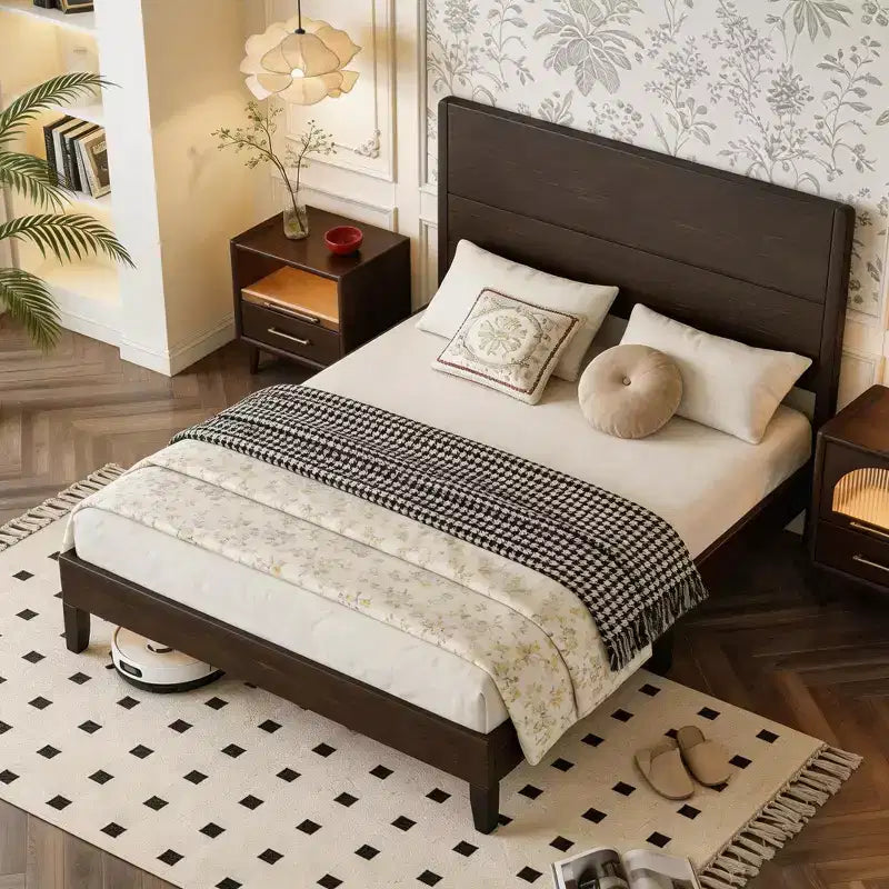 Dyonery Letto Matrimoniale/King in Legno Massello, Piattaforma Letto Rustica con Testiera da 127 cm, Supporto a Doghe in Legno/Senza Rumore/Nessuna Molla Necessaria/Marrone Scuro