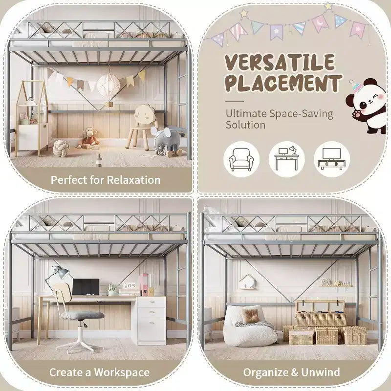 Letto a soppalco singolo, struttura in metallo resistente con sponda di protezione arcuata, pioli della scala piatti e supporto a doghe in acciaio, non è necessario il box spring, salvaspazio