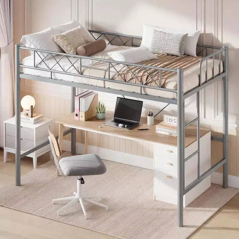 Letto a soppalco singolo, struttura in metallo resistente con sponda di protezione arcuata, pioli della scala piatti e supporto a doghe in acciaio, non è necessario il box spring, salvaspazio