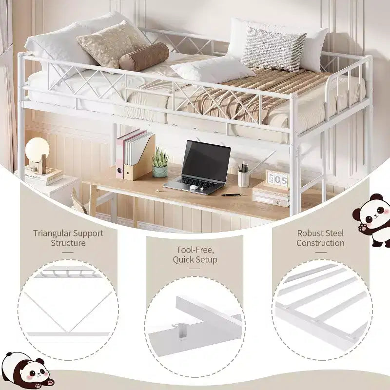 Letto a soppalco singolo, struttura in metallo resistente con sponda di protezione arcuata, pioli della scala piatti e supporto a doghe in acciaio, non è necessario il box spring, salvaspazio