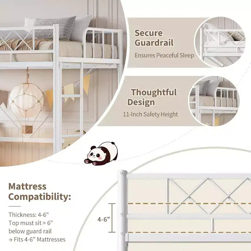 Letto a soppalco singolo, struttura in metallo resistente con sponda di protezione arcuata, pioli della scala piatti e supporto a doghe in acciaio, non è necessario il box spring, salvaspazio