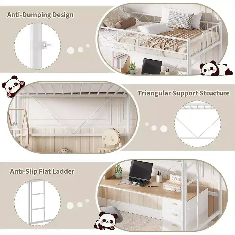 Letto a soppalco singolo, struttura in metallo resistente con sponda di protezione arcuata, pioli della scala piatti e supporto a doghe in acciaio, non è necessario il box spring, salvaspazio