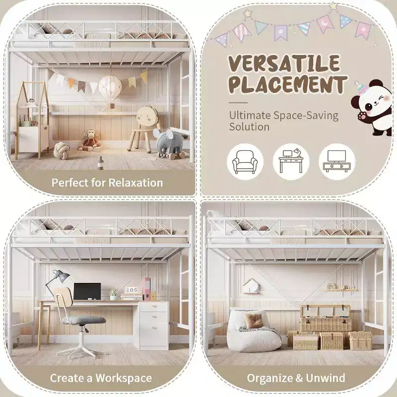Letto a soppalco singolo, struttura in metallo resistente con sponda di protezione arcuata, pioli della scala piatti e supporto a doghe in acciaio, non è necessario il box spring, salvaspazio