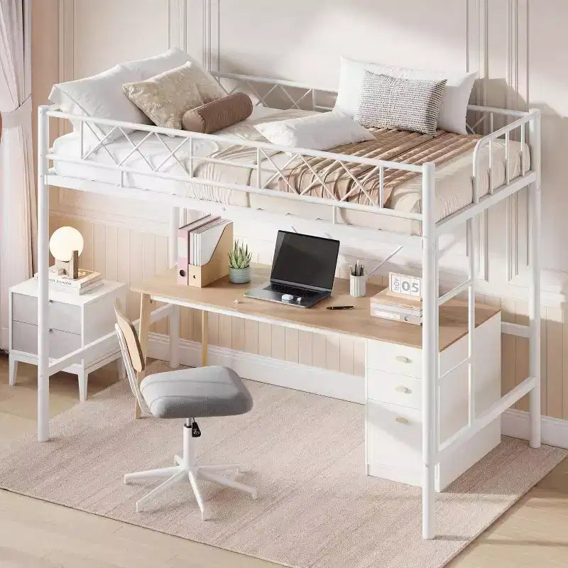 Letto a soppalco singolo, struttura in metallo resistente con sponda di protezione arcuata, pioli della scala piatti e supporto a doghe in acciaio, non è necessario il box spring, salvaspazio