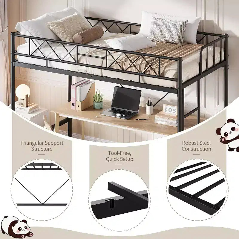 Letto a soppalco singolo, struttura in metallo resistente con sponda di protezione arcuata, pioli della scala piatti e supporto a doghe in acciaio, non è necessario il box spring, salvaspazio