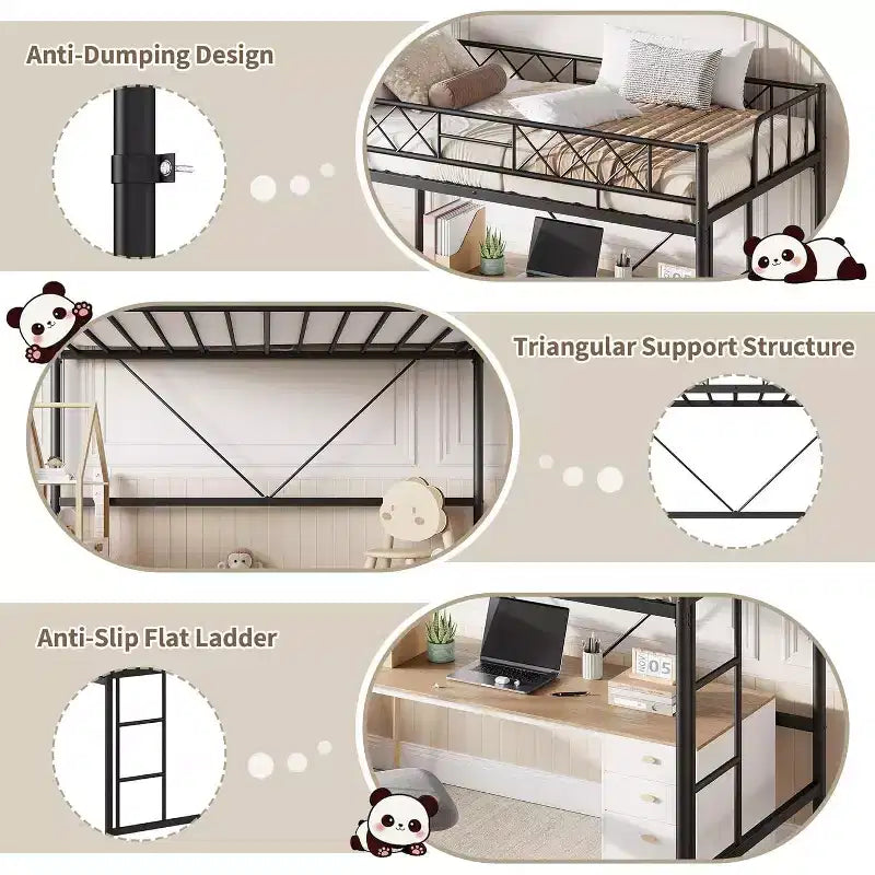 Letto a soppalco singolo, struttura in metallo resistente con sponda di protezione arcuata, pioli della scala piatti e supporto a doghe in acciaio, non è necessario il box spring, salvaspazio