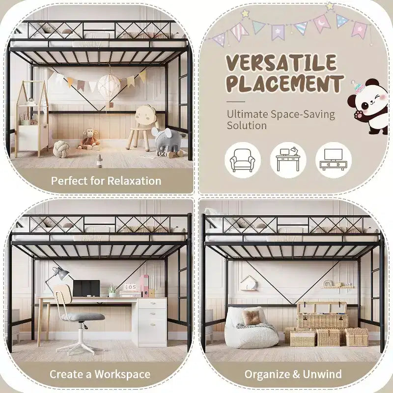 Letto a soppalco singolo, struttura in metallo resistente con sponda di protezione arcuata, pioli della scala piatti e supporto a doghe in acciaio, non è necessario il box spring, salvaspazio