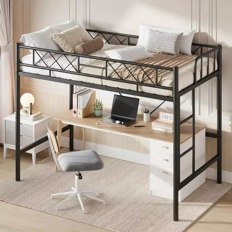 Letto a soppalco singolo, struttura in metallo resistente con sponda di protezione arcuata, pioli della scala piatti e supporto a doghe in acciaio, non è necessario il box spring, salvaspazio