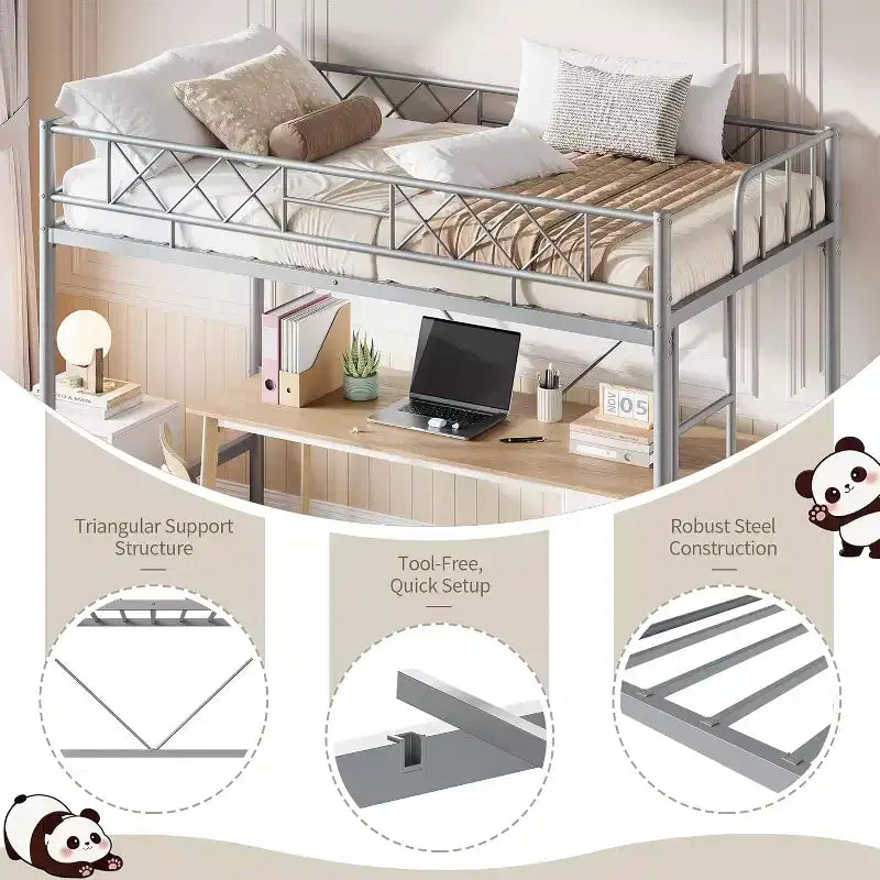Letto a soppalco singolo, struttura in metallo resistente con sponda di protezione arcuata, pioli della scala piatti e supporto a doghe in acciaio, non è necessario il box spring, salvaspazio