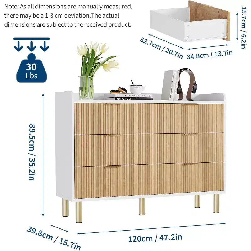 Cassettiera Garvee a 6 cassetti, cassettiera doppia in legno scanalato da 120 cm con maniglie in metallo, design curvo, armadietto organizer con ampio spazio contenitivo, Rovere naturale+Bianco