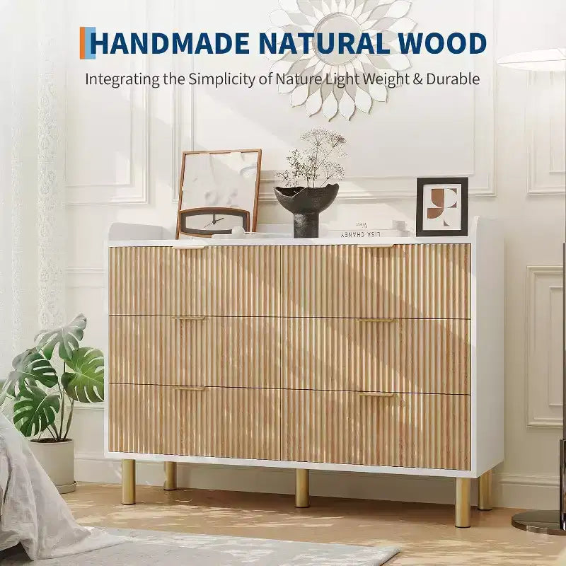 Cassettiera Garvee a 6 cassetti, cassettiera doppia in legno scanalato da 120 cm con maniglie in metallo, design curvo, armadietto organizer con ampio spazio contenitivo, Rovere naturale+Bianco