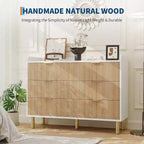 Cassettiera Garvee a 6 cassetti, cassettiera doppia in legno scanalato da 120 cm con maniglie in metallo, design curvo, armadietto organizer con ampio spazio contenitivo, Rovere naturale+Bianco