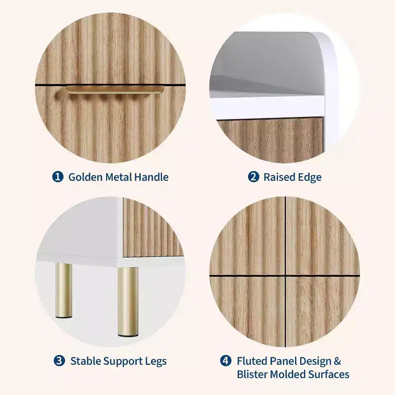 Cassettiera Garvee a 6 cassetti, cassettiera doppia in legno scanalato da 120 cm con maniglie in metallo, design curvo, armadietto organizer con ampio spazio contenitivo, Rovere naturale+Bianco