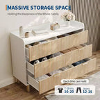 Cassettiera Garvee a 6 cassetti, cassettiera doppia in legno scanalato da 120 cm con maniglie in metallo, design curvo, armadietto organizer con ampio spazio contenitivo, Rovere naturale+Bianco