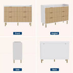 Cassettiera Garvee a 6 cassetti, cassettiera doppia in legno scanalato da 120 cm con maniglie in metallo, design curvo, armadietto organizer con ampio spazio contenitivo, Rovere naturale+Bianco