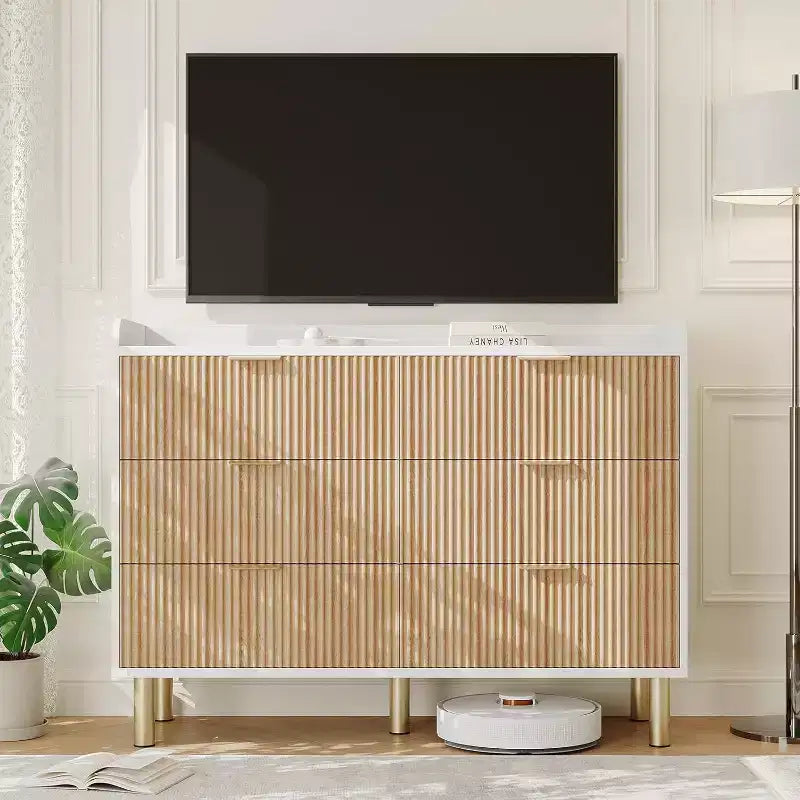 Cassettiera Garvee a 6 cassetti, cassettiera doppia in legno scanalato da 120 cm con maniglie in metallo, design curvo, armadietto organizer con ampio spazio contenitivo, Rovere naturale+Bianco