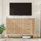 Cassettiera Garvee a 6 cassetti, cassettiera doppia in legno scanalato da 120 cm con maniglie in metallo, design curvo, armadietto organizer con ampio spazio contenitivo, Rovere naturale+Bianco