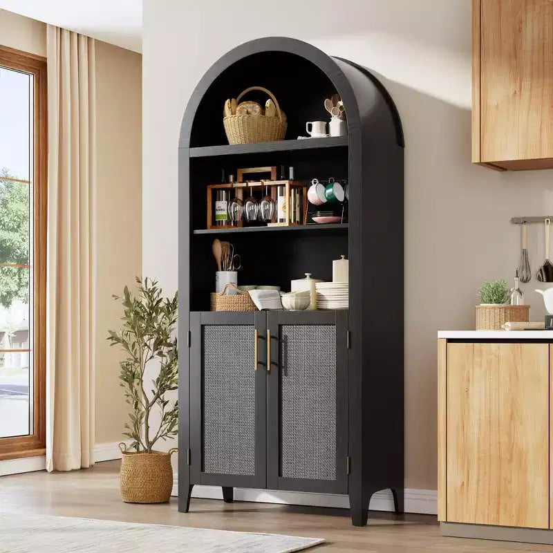 Libreria ad arco con ante e pannelli in rattan, mobile contenitore a 5 ripiani con mensola regolabile per soggiorno o ufficio