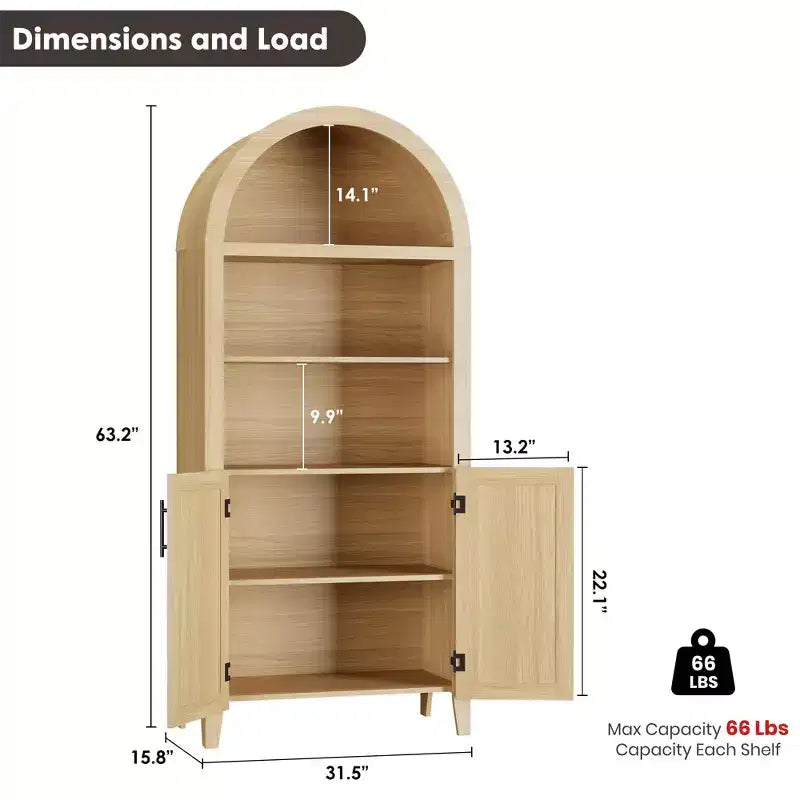 Libreria ad arco con ante e pannelli in rattan, mobile contenitore a 5 ripiani con mensola regolabile per soggiorno o ufficio