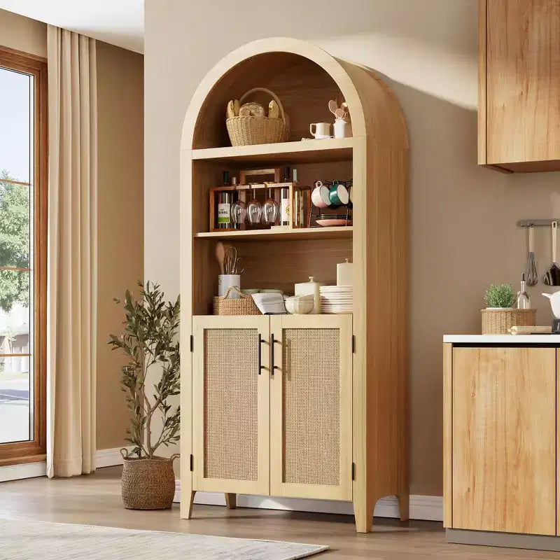 Libreria ad arco con ante e pannelli in rattan, mobile contenitore a 5 ripiani con mensola regolabile per soggiorno o ufficio