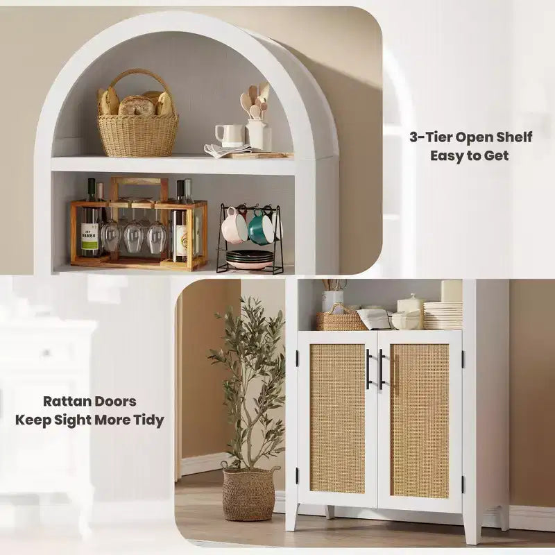 Libreria ad arco con ante e pannelli in rattan, mobile contenitore a 5 ripiani con mensola regolabile per soggiorno o ufficio