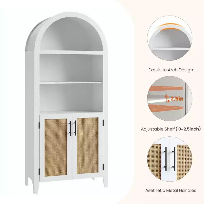 Libreria ad arco con ante e pannelli in rattan, mobile contenitore a 5 ripiani con mensola regolabile per soggiorno o ufficio