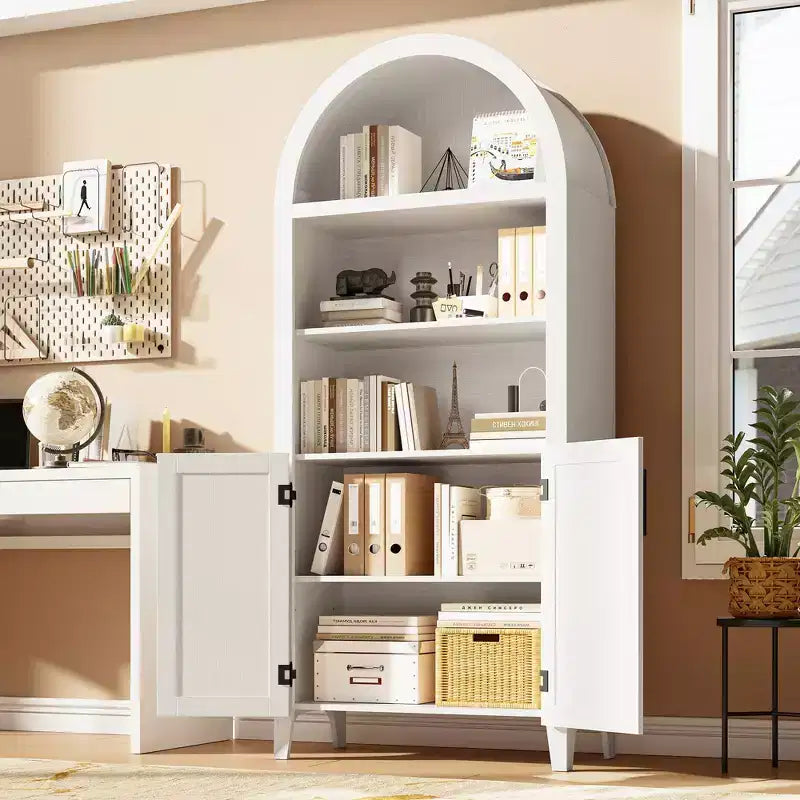 Libreria ad arco con ante e pannelli in rattan, mobile contenitore a 5 ripiani con mensola regolabile per soggiorno o ufficio