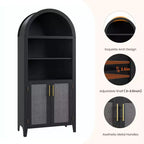 Libreria ad arco con ante e pannelli in rattan, mobile contenitore a 5 ripiani con mensola regolabile per soggiorno o ufficio