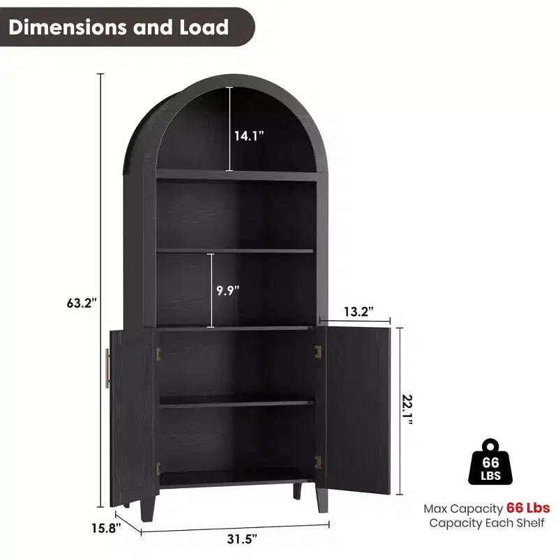 Libreria ad arco con ante e pannelli in rattan, mobile contenitore a 5 ripiani con mensola regolabile per soggiorno o ufficio