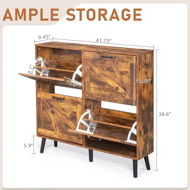 Karl Home Scarpiera con 4 Ante a Ribalta Maniglie Nere Melaminico Truciolare Gambe Nere 106 cm Legno Effetto Invecchiato