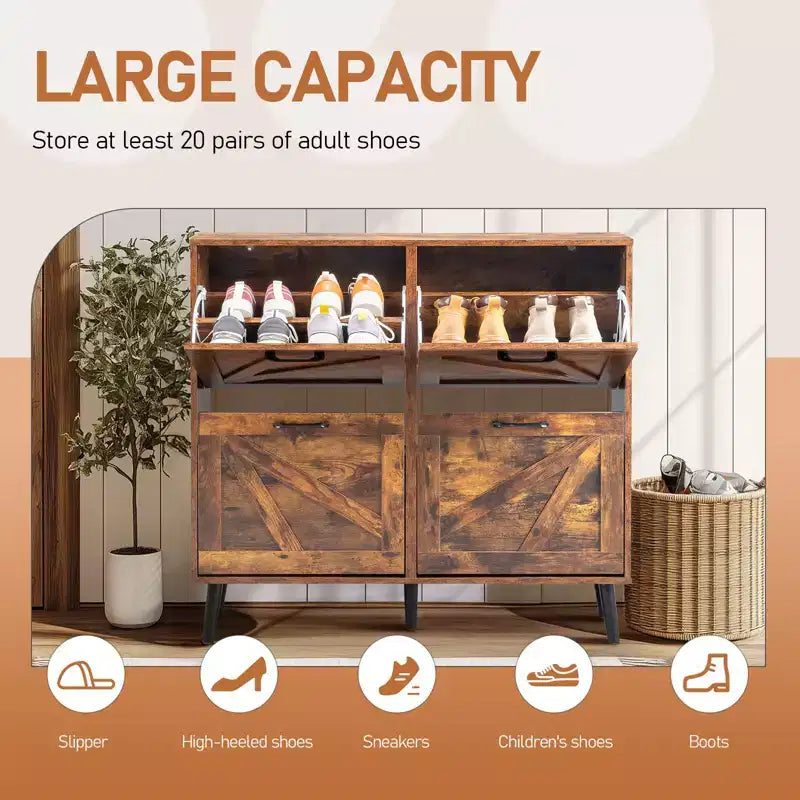 Karl Home Scarpiera con 4 Ante a Ribalta Maniglie Nere Melaminico Truciolare Gambe Nere 106 cm Legno Effetto Invecchiato