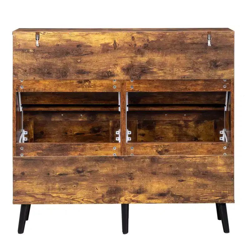 Karl Home Scarpiera con 4 Ante a Ribalta Maniglie Nere Melaminico Truciolare Gambe Nere 106 cm Legno Effetto Invecchiato