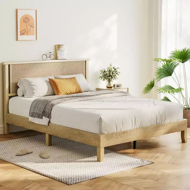 Dyonery Letto Queen Size con Testiera in Rattan Intrecciato da 18,9 Pollici, Supporto a Doghe in Legno Massello, Base Materasso Silenziosa, Nessuna Molla Necessaria