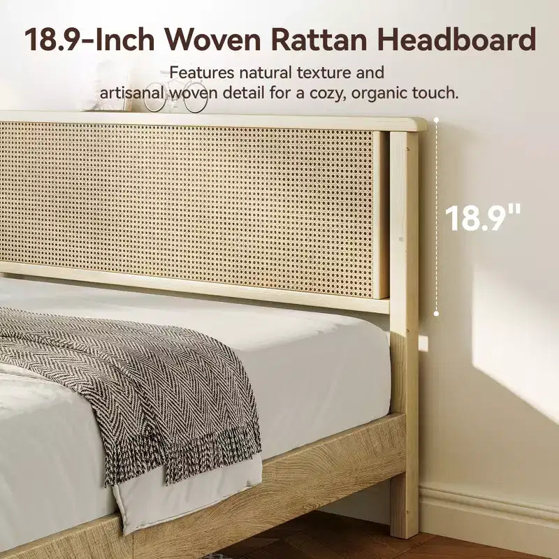 Dyonery Letto Queen Size con Testiera in Rattan Intrecciato da 18,9 Pollici, Supporto a Doghe in Legno Massello, Base Materasso Silenziosa, Nessuna Molla Necessaria