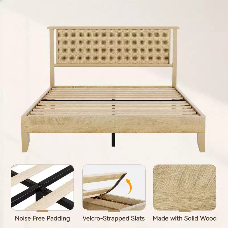 Dyonery Letto Queen Size con Testiera in Rattan Intrecciato da 18,9 Pollici, Supporto a Doghe in Legno Massello, Base Materasso Silenziosa, Nessuna Molla Necessaria