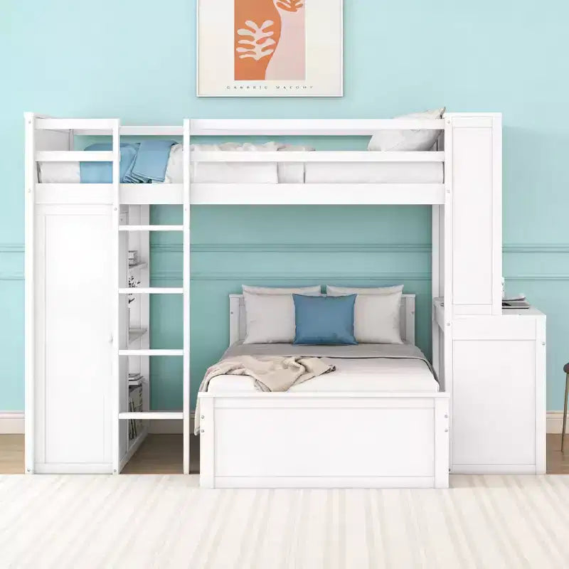 Luxystar letto a castello a L una piazza e mezza su una piazza con scrivania, libreria e armadio