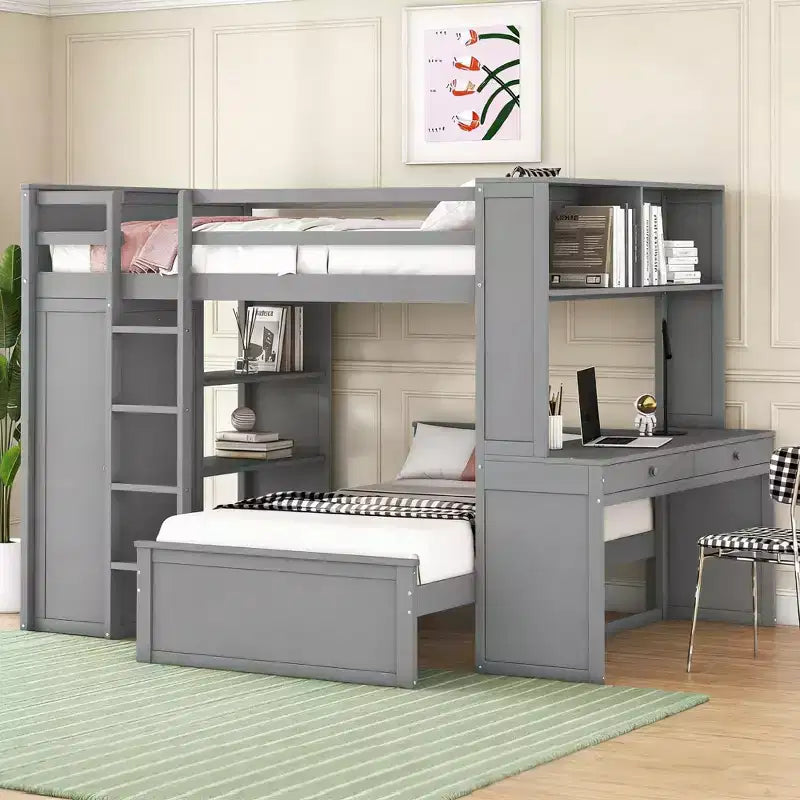 Luxystar letto a castello a L una piazza e mezza su una piazza con scrivania, libreria e armadio