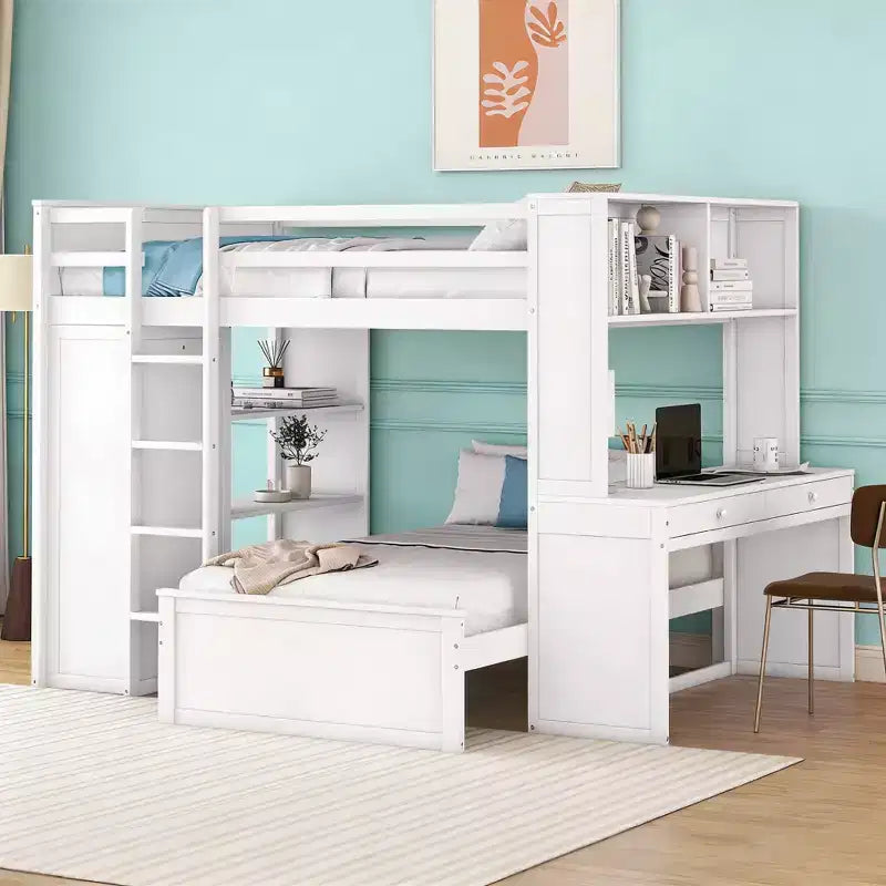 Luxystar letto a castello a L una piazza e mezza su una piazza con scrivania, libreria e armadio