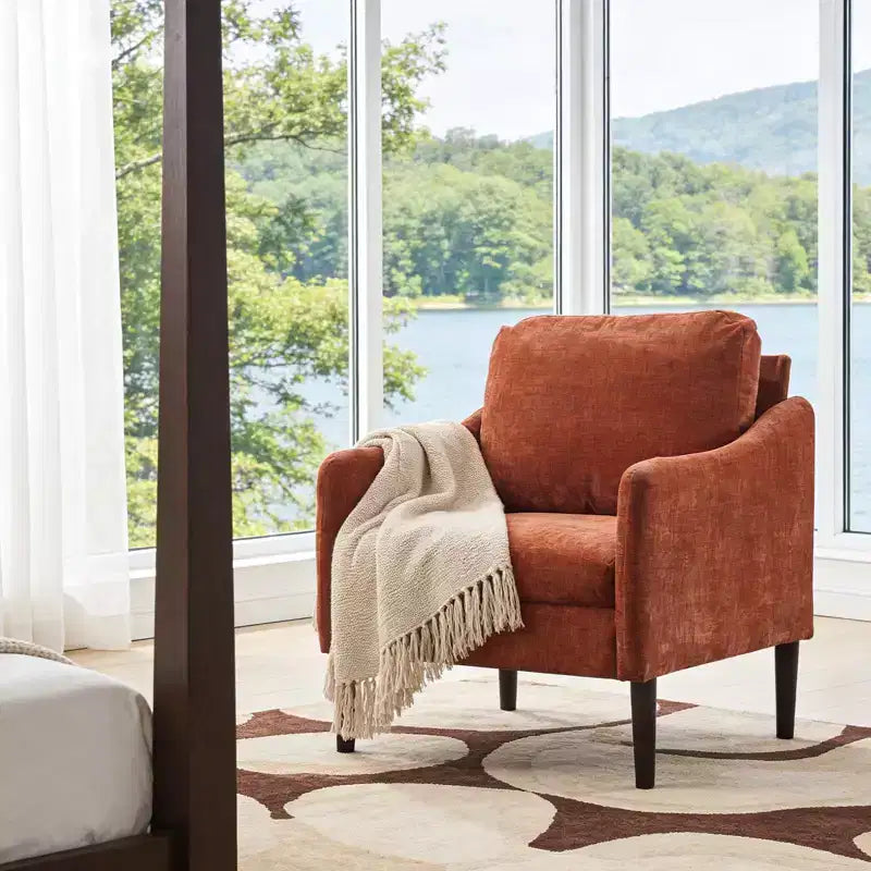 Poltrona in ciniglia stile Mid-Century Modern con braccioli curvi, Poltrona singola imbottita per soggiorno, camera da letto o ufficio