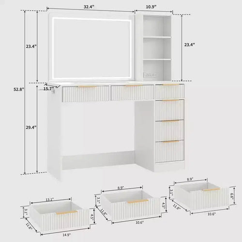 Coiffeuse de maquillage cannelée de 52 pouces avec miroir, plateau en verre, 6 tiroirs, étagères ouvertes et support pour sèche-cheveux pour chambre à coucher