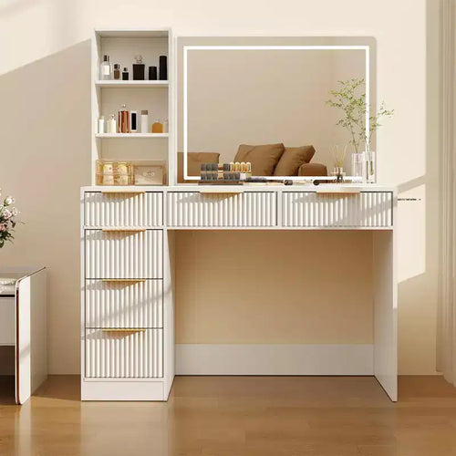 52 Fluted Makeup Vanity Desk with Mirror, Glass Top Dressing Table, 6 Drawers, Open Shelves, and Hairdryer Stand for Bedroom