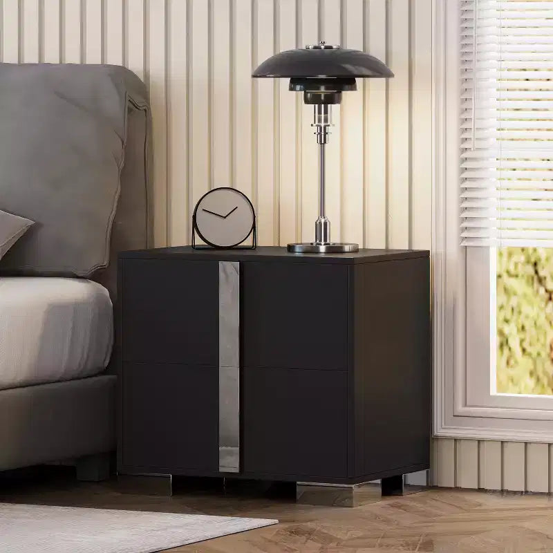 Comodino moderno e lineare con 1 cassetto e accenti a specchio per camera da letto e soggiorno