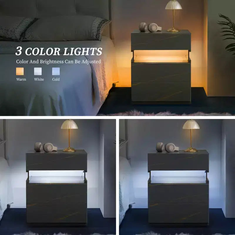 Comodino a 3 cassetti illuminato a LED per camera da letto e soggiorno