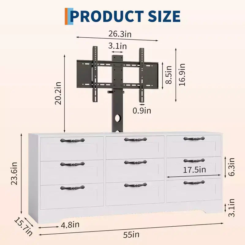 Mobile TV con supporto per TV da 55 pollici, mobile credenza a 9 cassetti con contenitore, console media moderna in legno per soggiorno e camera da letto