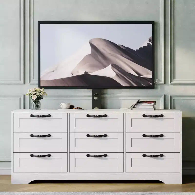 Mobile TV con supporto per TV da 55 pollici, mobile credenza a 9 cassetti con contenitore, console media moderna in legno per soggiorno e camera da letto