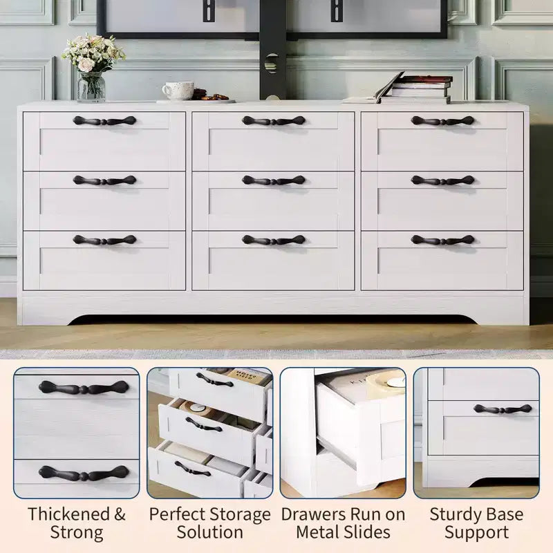 Mobile TV con supporto per TV da 55 pollici, mobile credenza a 9 cassetti con contenitore, console media moderna in legno per soggiorno e camera da letto