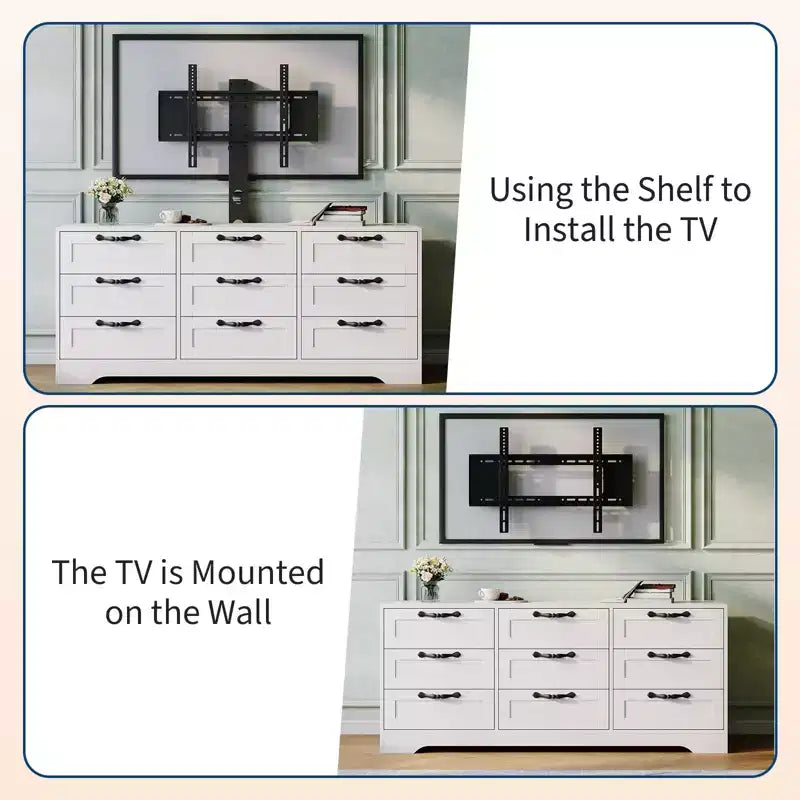 Mobile TV con supporto per TV da 55 pollici, mobile credenza a 9 cassetti con contenitore, console media moderna in legno per soggiorno e camera da letto